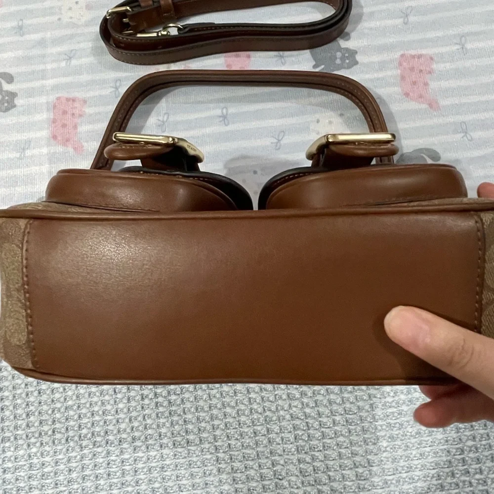 Coach Brown Signature Canvas Shoulder Bag with Double Buckle Pockets